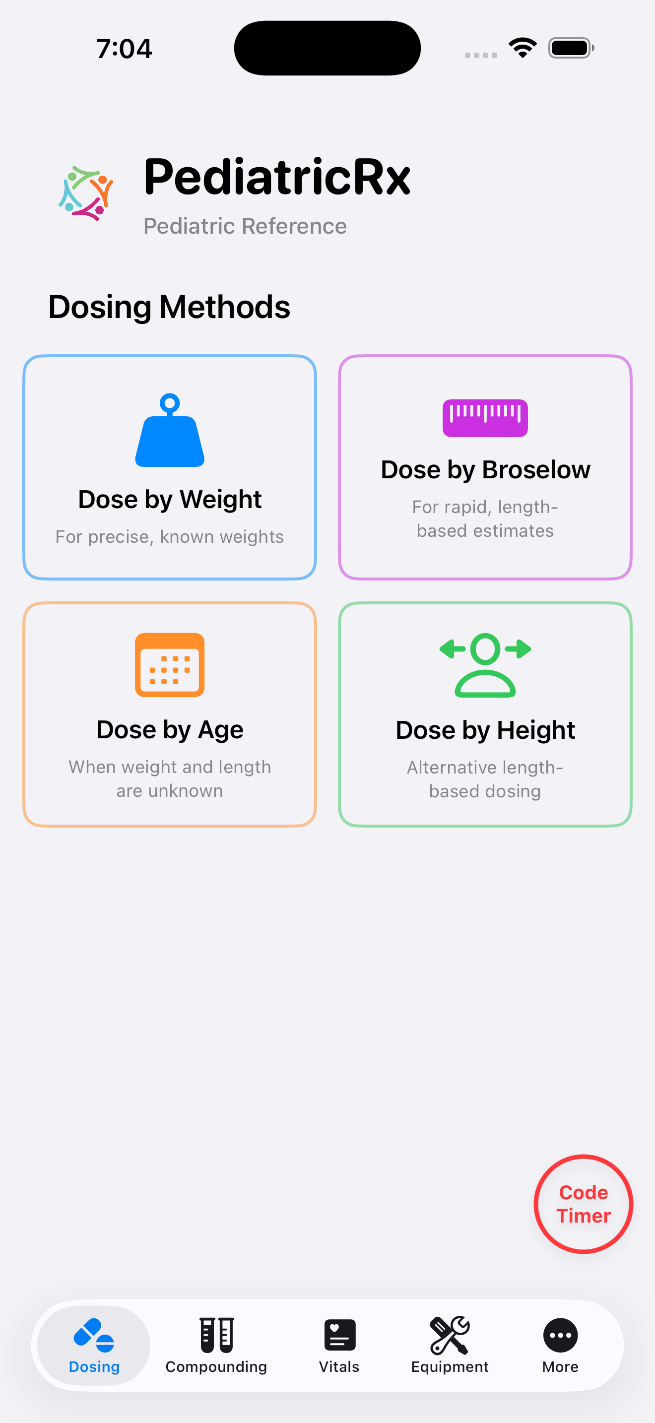 PediatricRx home screen showing four dosing methods